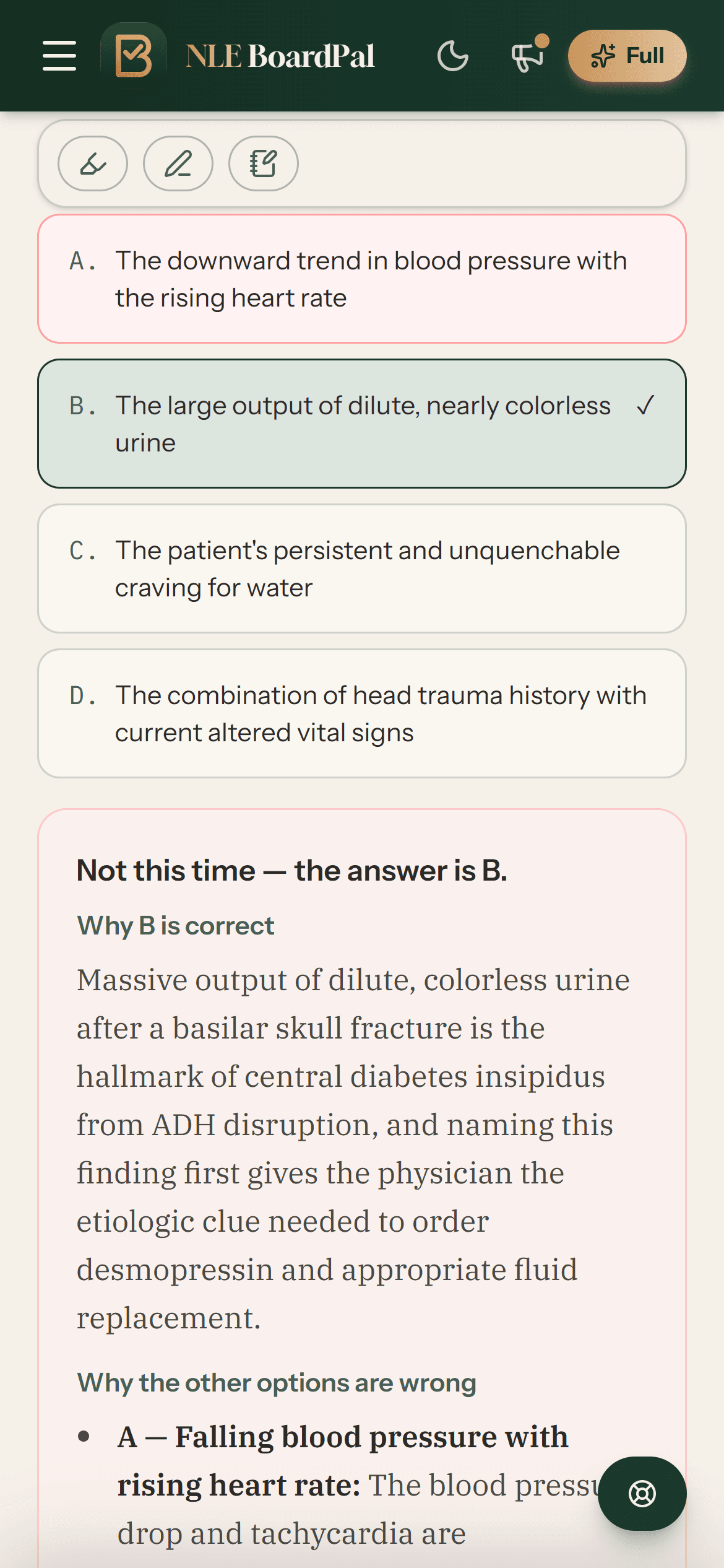 The same BoardPal account on a phone: an answered practice question with the correct option marked and the rationale below