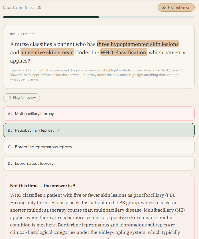 BoardPal question player: an NP1 question with the highlighter on, answer choices, and the rationale shown below