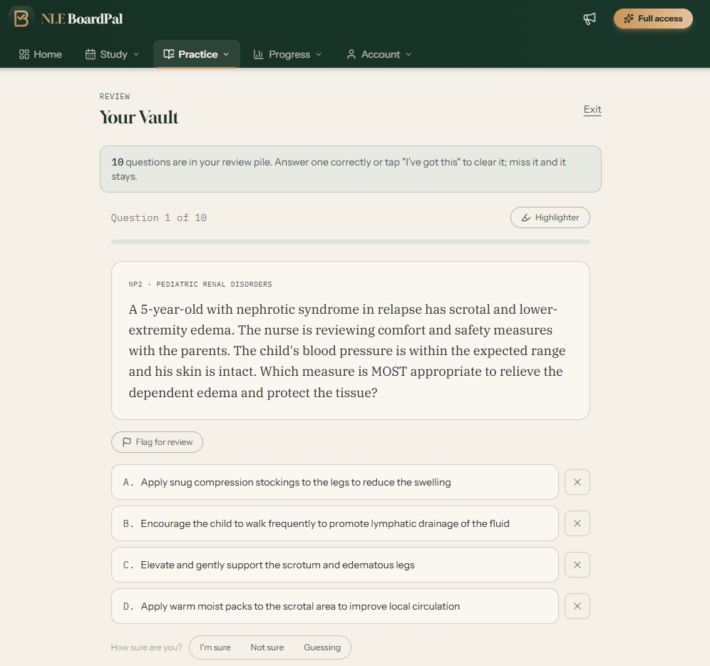 BoardPal Vault: a review pile of missed and flagged questions, cleared one correct answer at a time